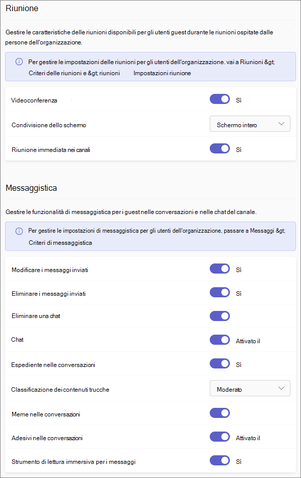 Impostazioni delle autorizzazioni guest in Teams.