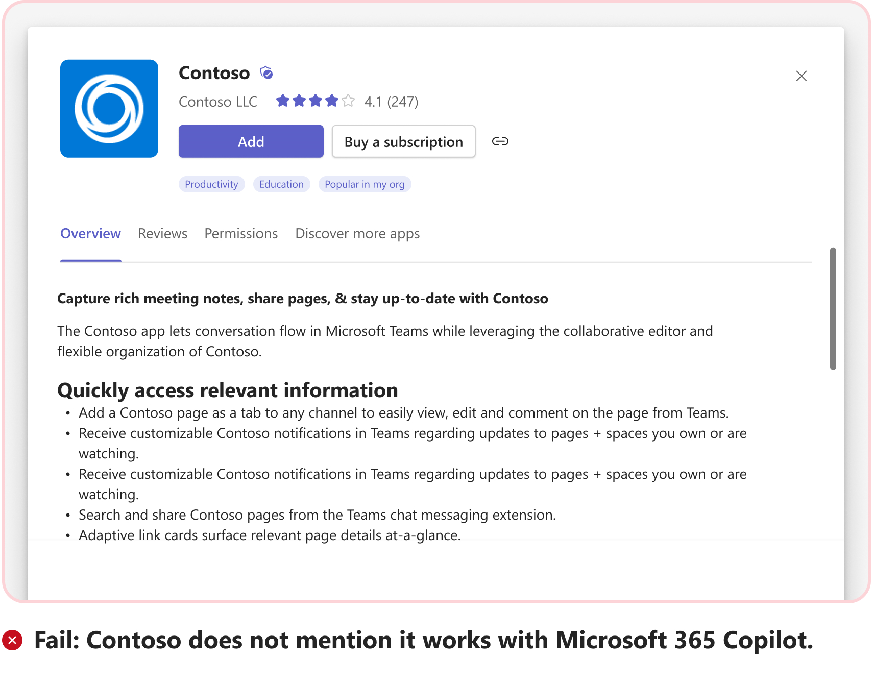 Screenshot shows a fail scenario without an example of sample prompt for message extension usage as an agent in Microsoft 365 Copilot.