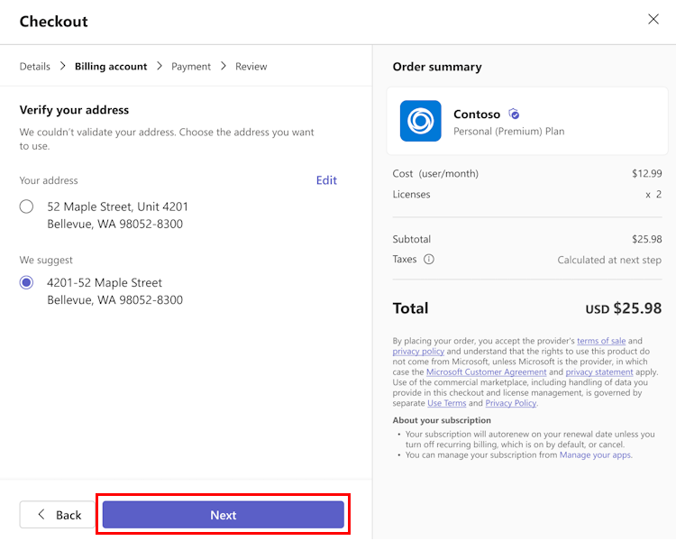 Screenshot shows the verification of billing address.