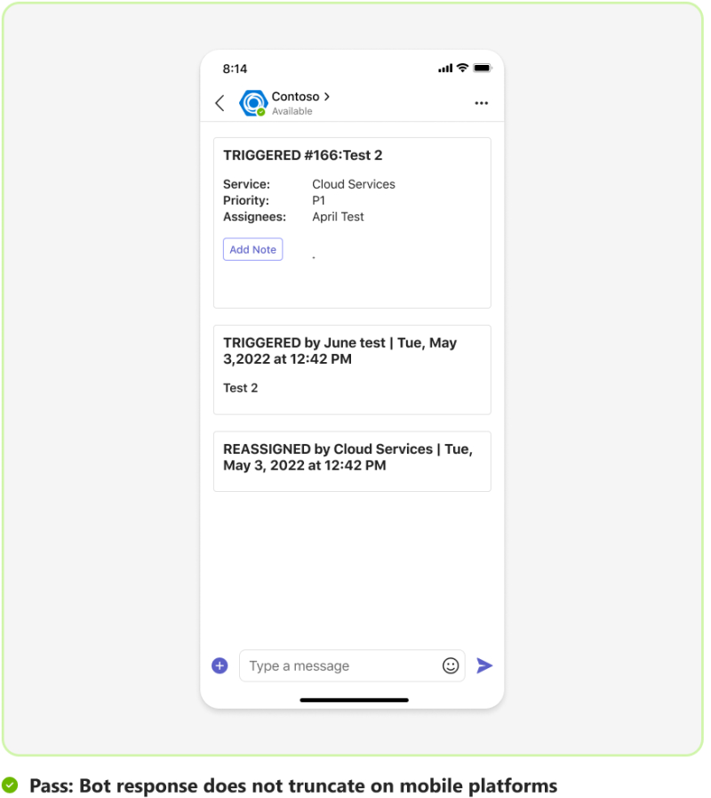 Graphic shows an example of a bot message without truncating on mobile.