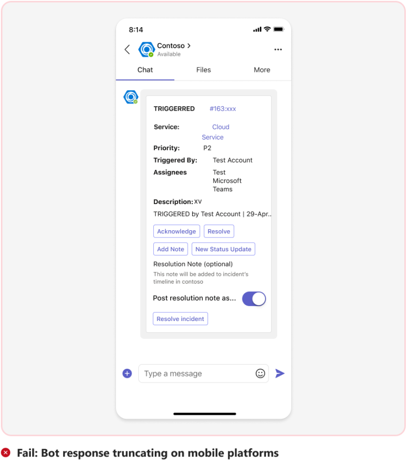 Graphic shows an example of a bot message truncating on mobile.