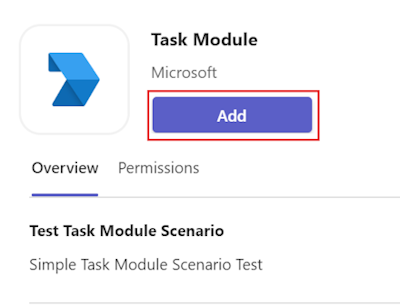 Screenshot of the app details dialog to add the task module app.