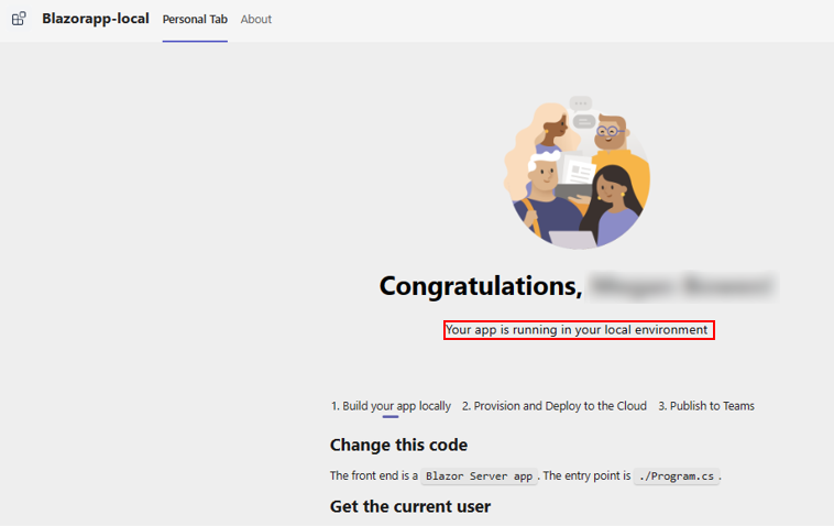 Screenshot of Microsoft Teams with Your app is running in your local environment highlighted in red.