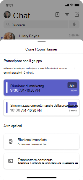 Azioni sull'app Teams per dispositivi mobili che un utente può eseguire dopo la scansione del codice a matrice in un dispositivo Teams Room.