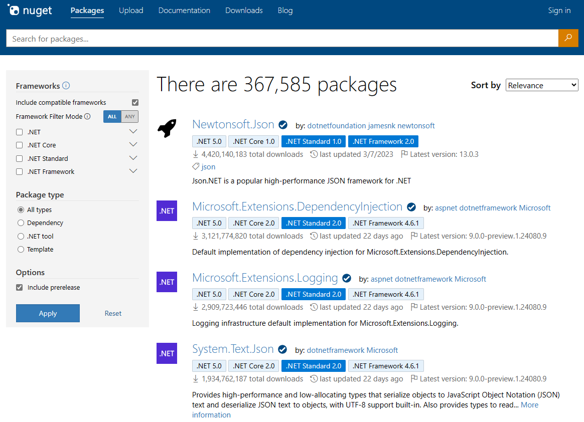 Screenshot that shows the default view of nuget.org/packages with the most popular packages at the top.