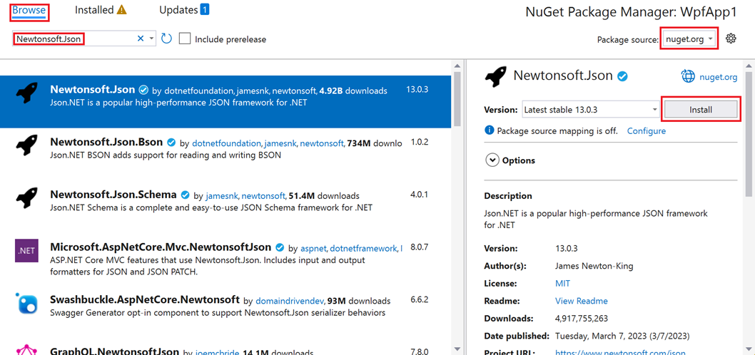 Screenshot che mostra la finestra Gestione pacchetti NuGet con la scheda Sfoglia selezionata.