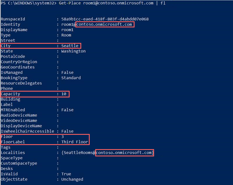 Screenshot dell'output del comando. Il testo evidenziato mostra le informazioni sulla città, la capacità, il piano e l'etichetta del piano e il segmento dell'indirizzo SMTP che segue il carattere @ in Identità e località.