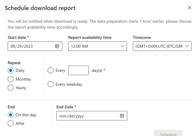 Screenshot della sezione Hub download: Pianificare il report di download.