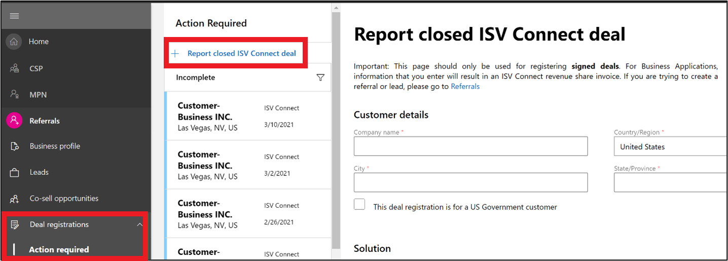 Screenshot che mostra dove è possibile segnalare un accordo ISV Connect chiuso nel Centro per i partner.