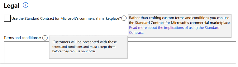 Illustra la casella di controllo Usa il contratto standard per il marketplace commerciale di Microsoft.