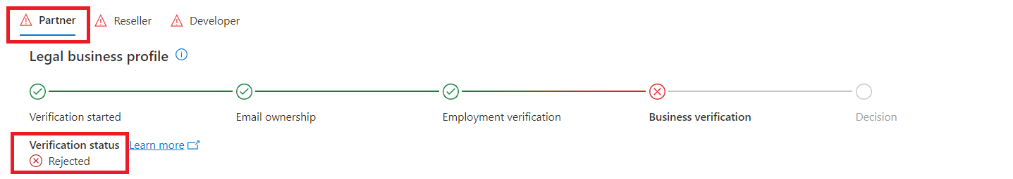 Screenshot delle impostazioni dell'account | Finestra Informazioni legali nel Centro per i partner, con la scheda Partner e lo stato di verifica evidenziati.