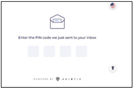 Screenshot della pagina AU10TIX: immettere il codice PIN appena inviato alla posta in arrivo.