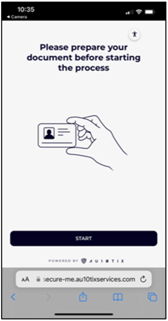 Screenshot della pagina AU10TIX in un dispositivo mobile con il testo: Preparare il documento prima di avviare il processo. Figura che mostra una mano che contiene una scheda ID.