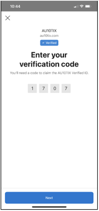 Screenshot di Microsoft Authenticator in un dispositivo mobile, con il testo: immettere il codice di verifica, con una posizione in cui immettere un codice e un pulsante Avanti.