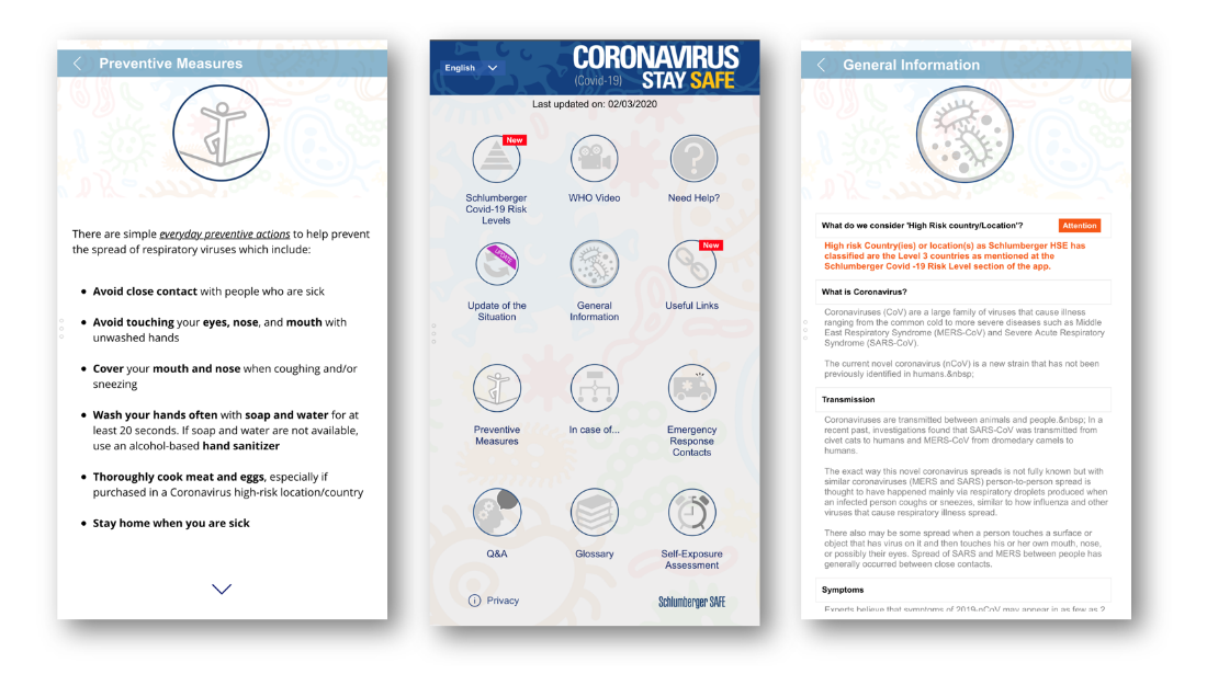 Alcune schermate dell'app Schlumberger Stay SAFE.