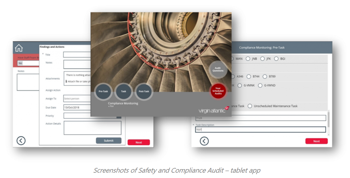 Schermate dell'app di audit di sicurezza e conformità di Virgin Atlantic.