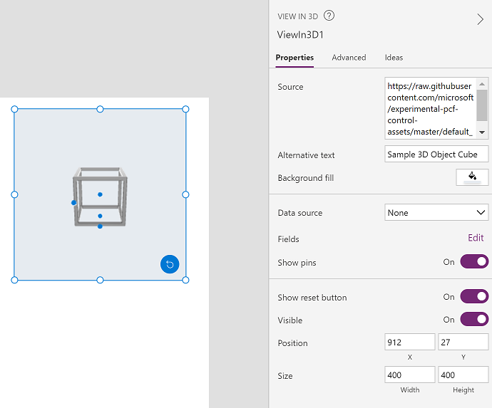 Un controllo del contenuto 3D visualizzato accanto alla scheda delle proprietà in Power Apps Studio .