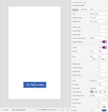 Screenshot del pulsante View shape in MR accanto alle sue proprietà in Power Apps Studio .