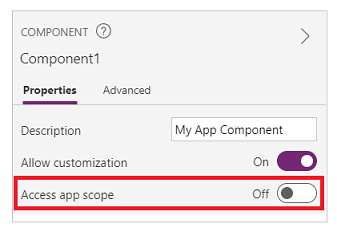 Interruttore Accedi all'ambito dell'app nel riquadro delle proprietà del componente