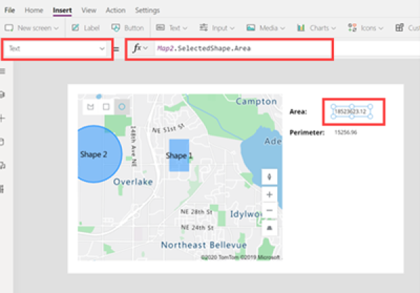 Screenshot di una forma selezionata in una mappa, accanto a due etichette di testo che mostrano l'area e il perimetro della forma.