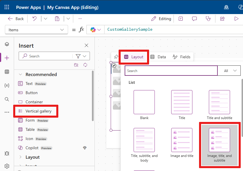 Utilizzare le azioni inline per selezionare un layout