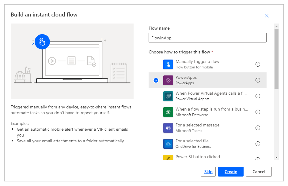 Screenshot che mostra l'opzione di flusso che consente di scegliere come attivare un flusso Power Apps.