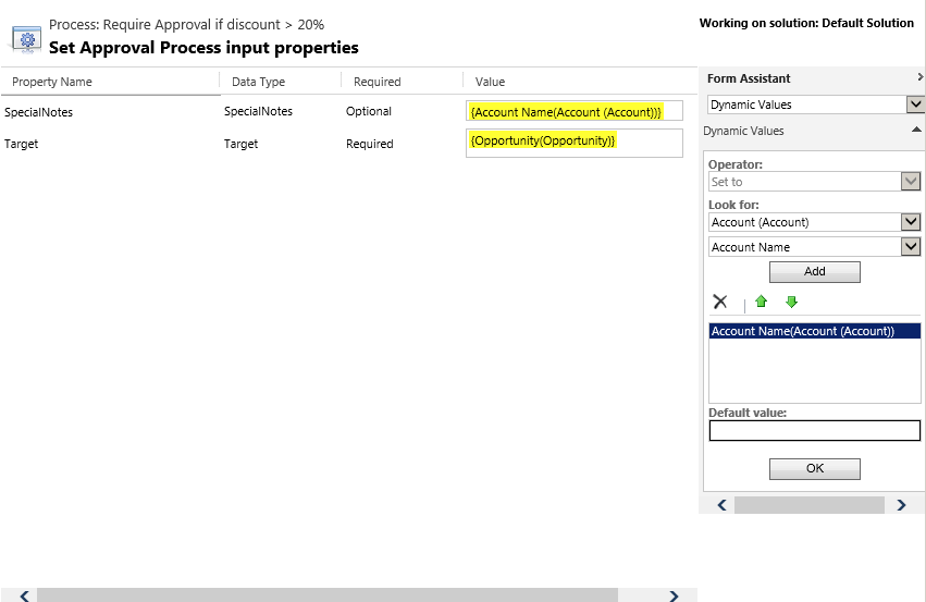 Impostare i parametri di input per un'azione ApprovalProcess.