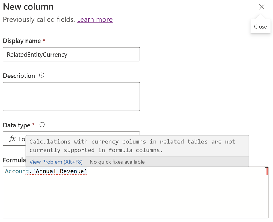 Colonna della formula con formula non supportata di Account.Annual Revenue