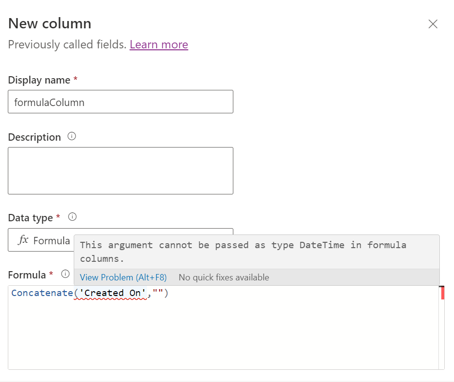 Colonna formula con parametro data/ora non supportato passato nella formula