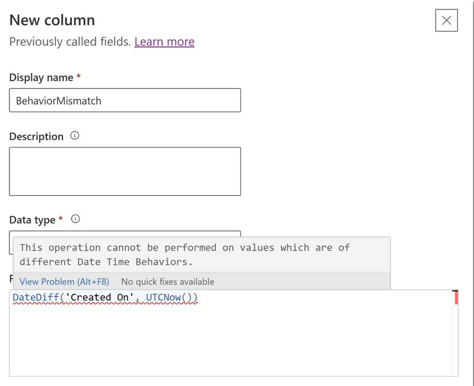 Configurazione di data e ora non supportata con una colonna della formula