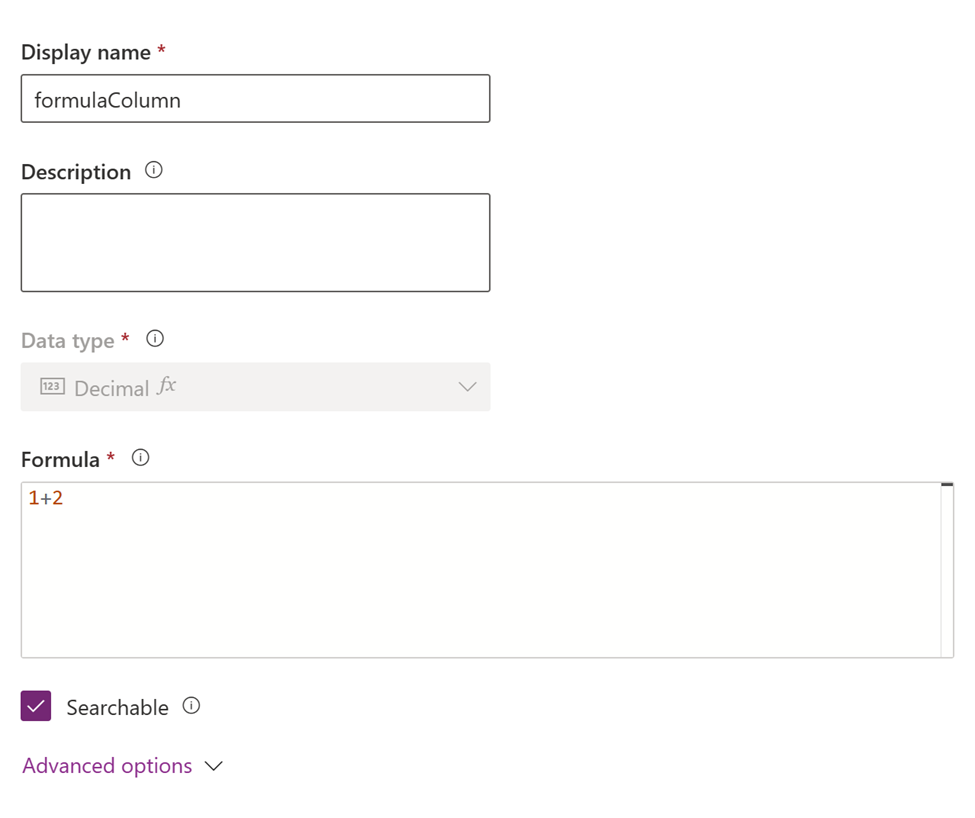 Esempio di colonna della formula semplice per una colonna di rollup