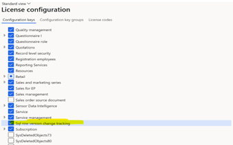 Screenshot che mostra la chiave di configurazione del rilevamento delle modifiche della versione della riga Sql abilitata.