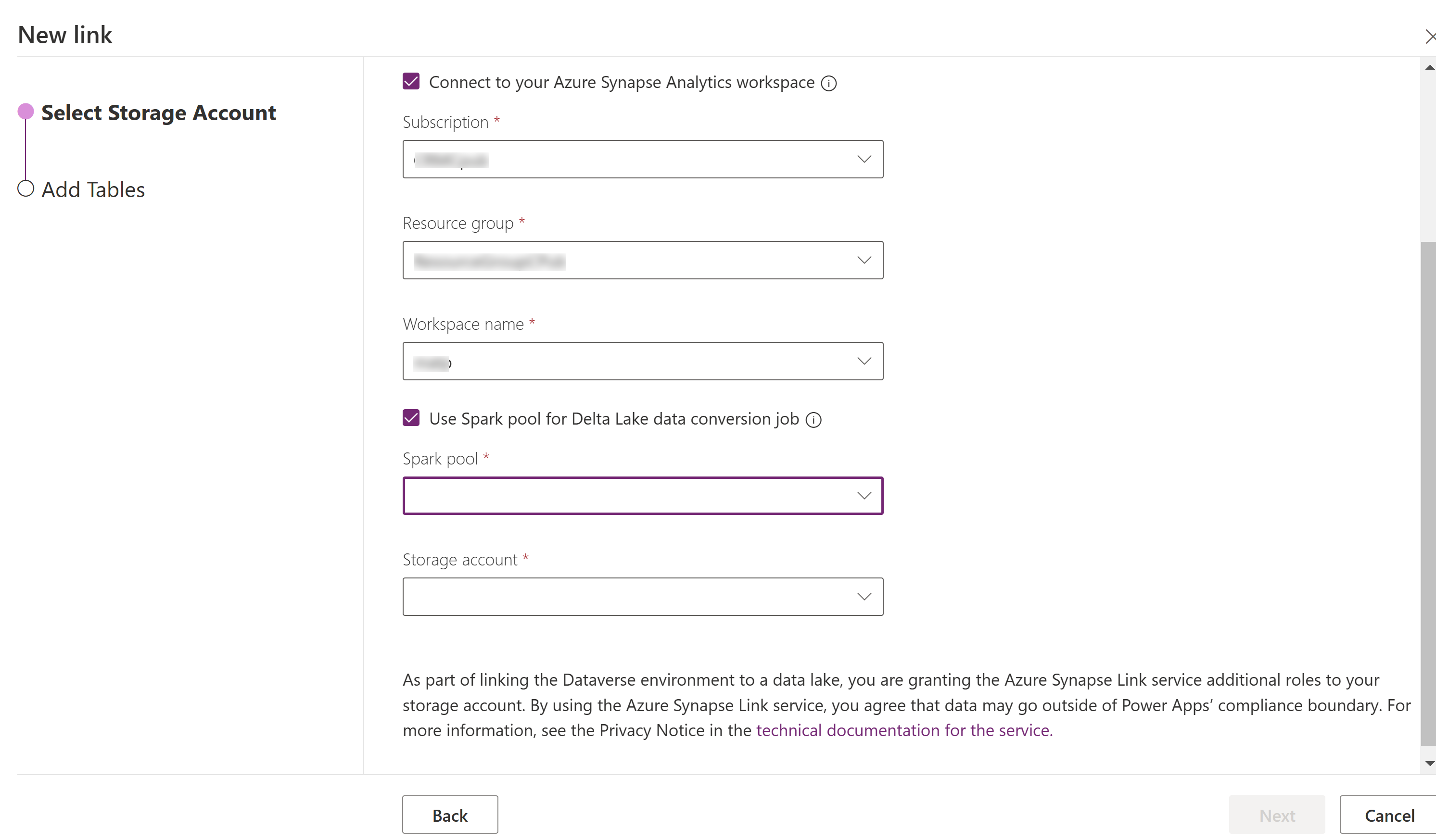 Configurazione di Azure Synapse Link for Dataverse che include pool spark