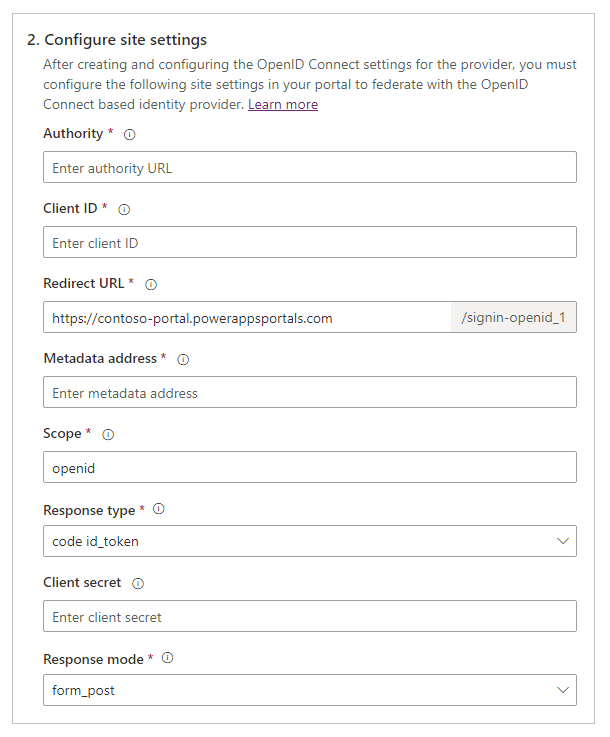 Configurare le impostazioni del sito OpenID Connect.