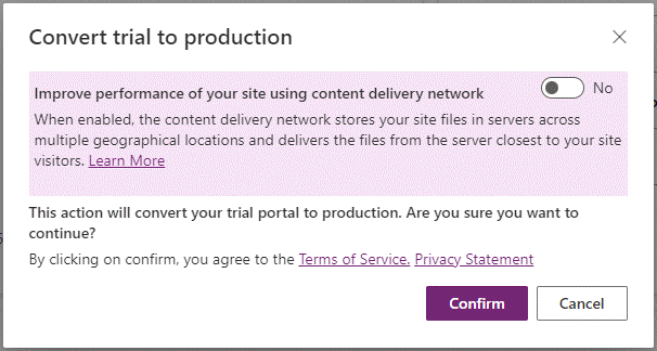 Messaggio per la conferma che vuoi abilitare la rete per la distribuzione di contenuti durante la conversione della versione di valutazione in produzione.