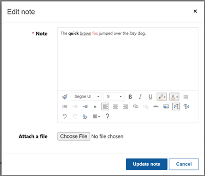 Configurare note utilizzando l'editor di testo RTF.