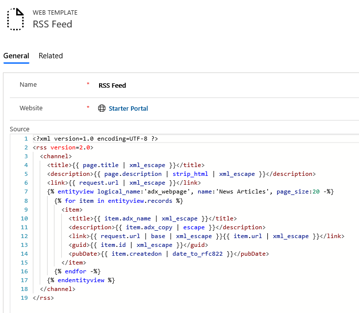 Configurare un modello Web per un feed RSS.