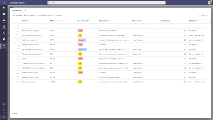 Tabella Dataverse for Teams in Teams.