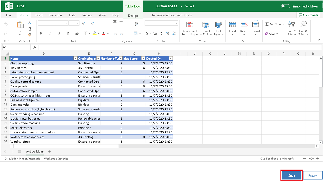 Seleziona Salva nel file Excel Online.