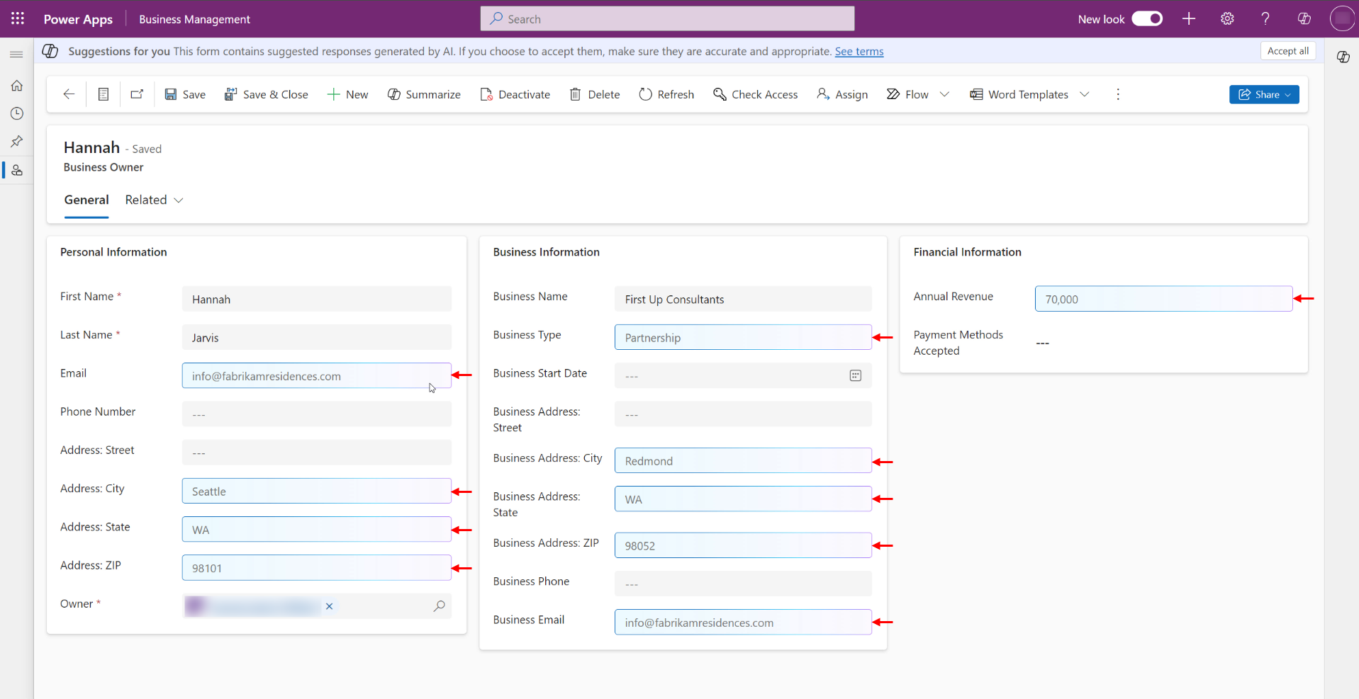 Screenshot che mostra i suggerimenti per il riempimento del modulo presentati in un modulo.