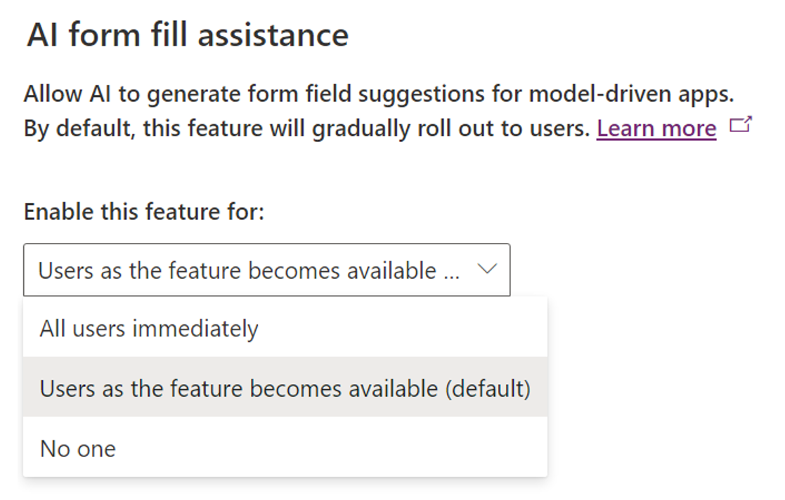 Screenshot che mostra l'abilitazione dell'assistenza per il riempimento dei moduli per l'ambiente.