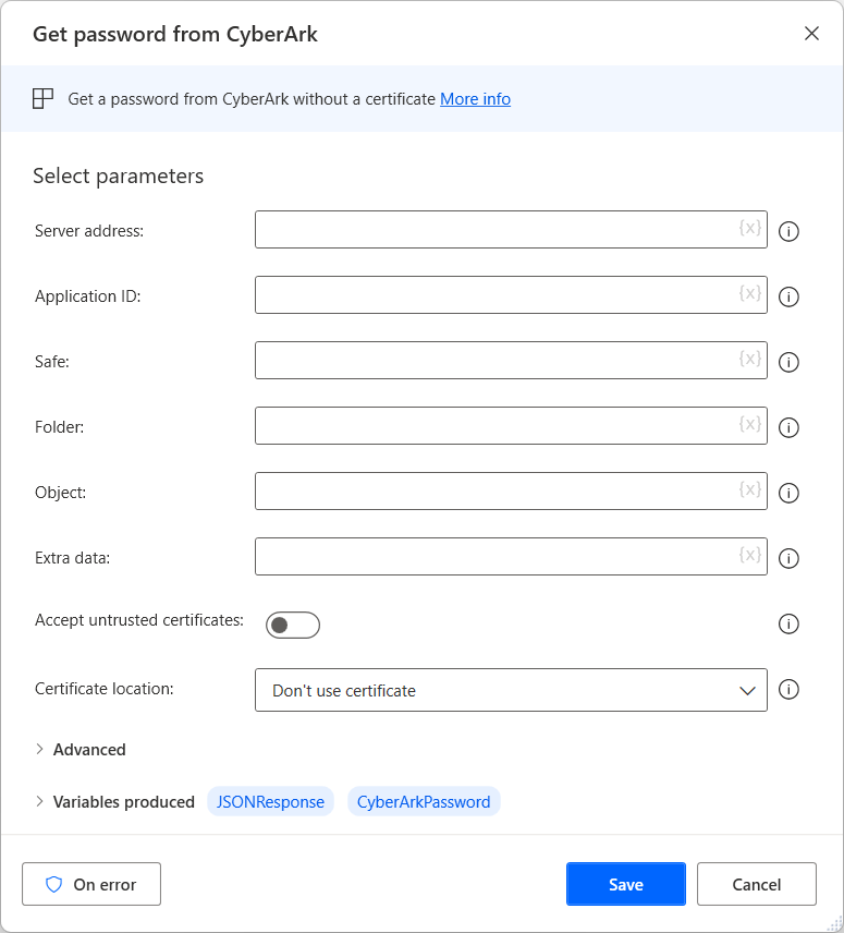 Screenshot dell'azione Ottieni password da CyberArk.