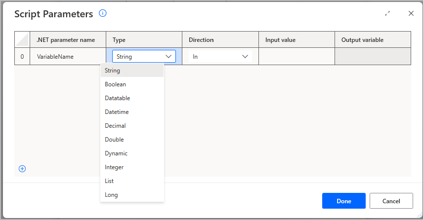 Screenshot della finestra Parametri script nell'azione Esegui script .NET, impostazione del tipo di variabile