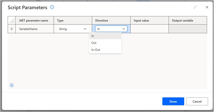 Screenshot della finestra Parametri script nell'azione Esegui script .NET, impostazione della direzione