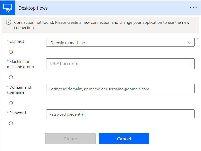 Screenshot dell'opzione di connessione nell'azione Esegui un flusso creato con Power Automate per desktop.