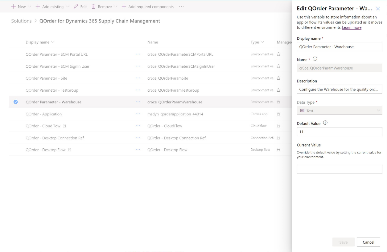 Screenshot del riquadro Modifica parametro QOrder.