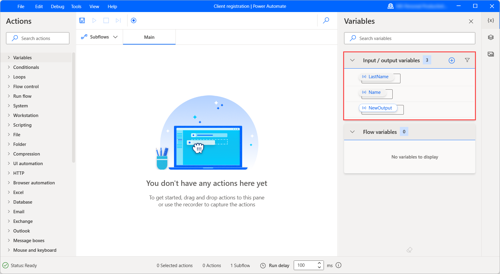 Screenshot della sezione del riquadro delle variabili che visualizza le variabili di input e output.