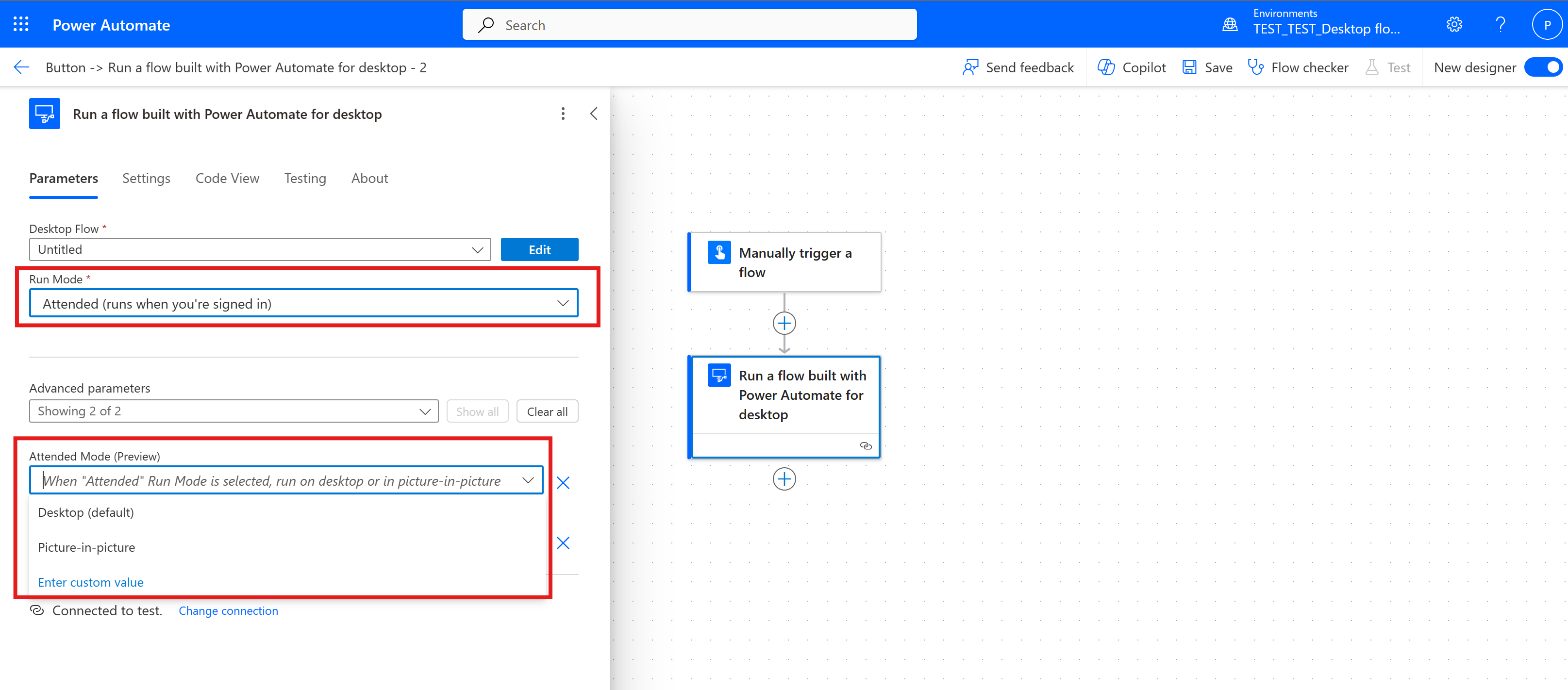 Imposta il parametro Modalità con intervento dell'utente in Esegui un flusso creato con l'azione cloud di Power Automate per desktop.