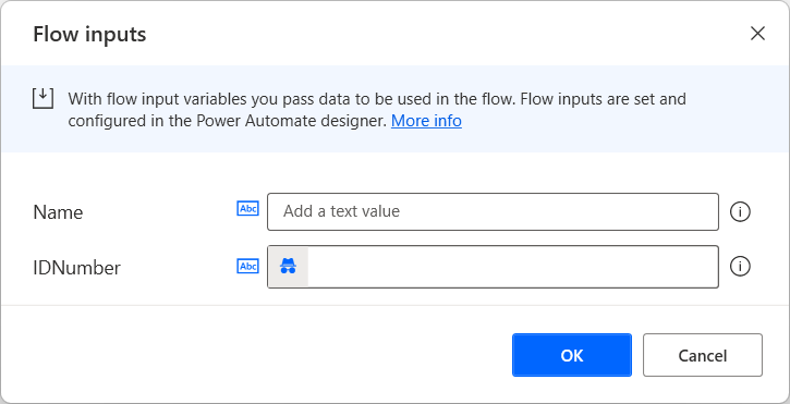 Screenshot della finestra di dialogo Input flusso con una variabile sensibile.