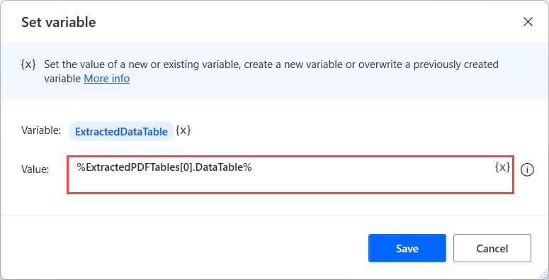 Screenshot della tabella dati contenuta in un elenco di variabili di informazioni per le tabelle PDF.